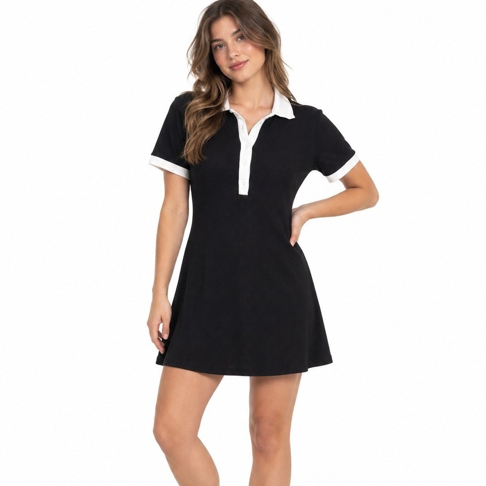 Black White Ribbed Polo Mini Dress Short Sleeve Preppy Sporty | XL